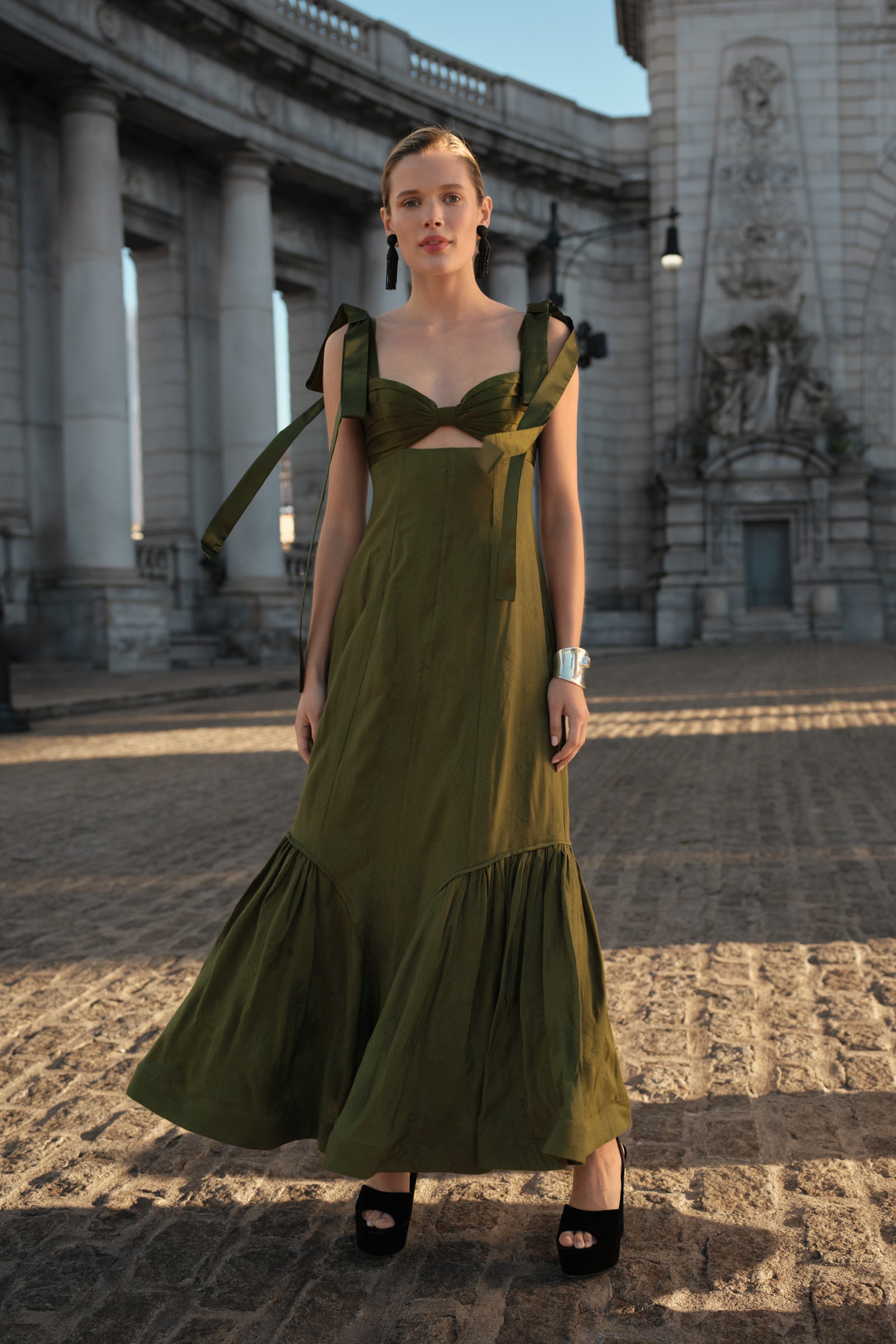 green bow dress Two Piece Emerald Long Prom with PG869 US8 / Custom Color Size medium measures 32 from shoulder to hem GOLDIE BOW SLEEVE GOWN