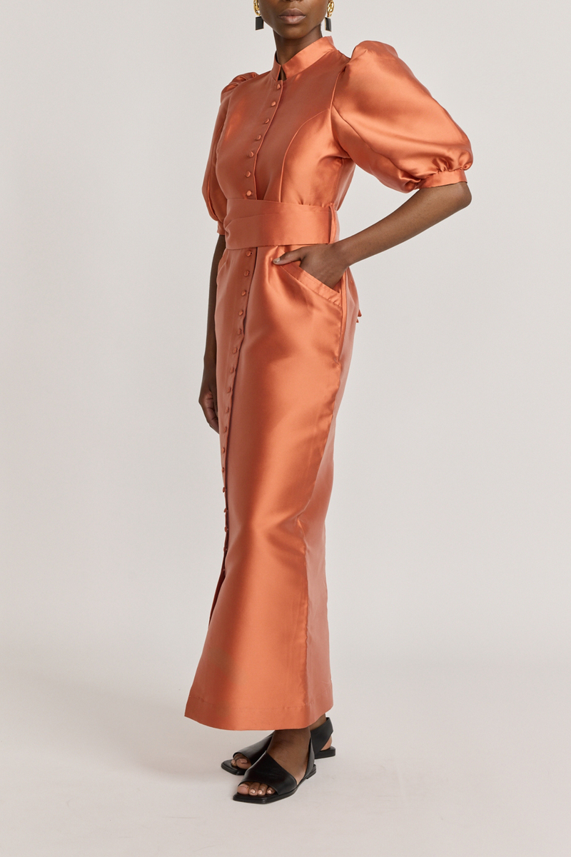 APRICOT Satin Puff Sleeve Long Dress