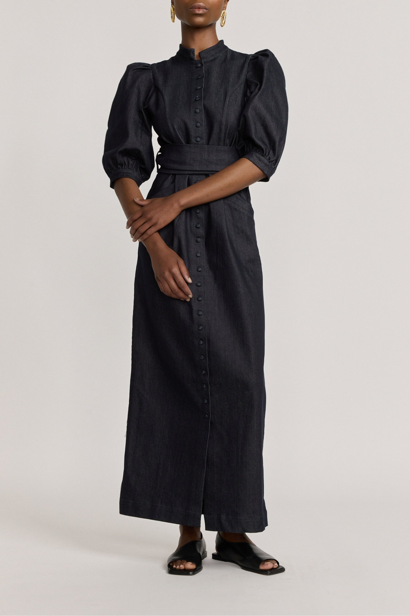 DARK BLUE Denim Puff Sleeve Long Dress