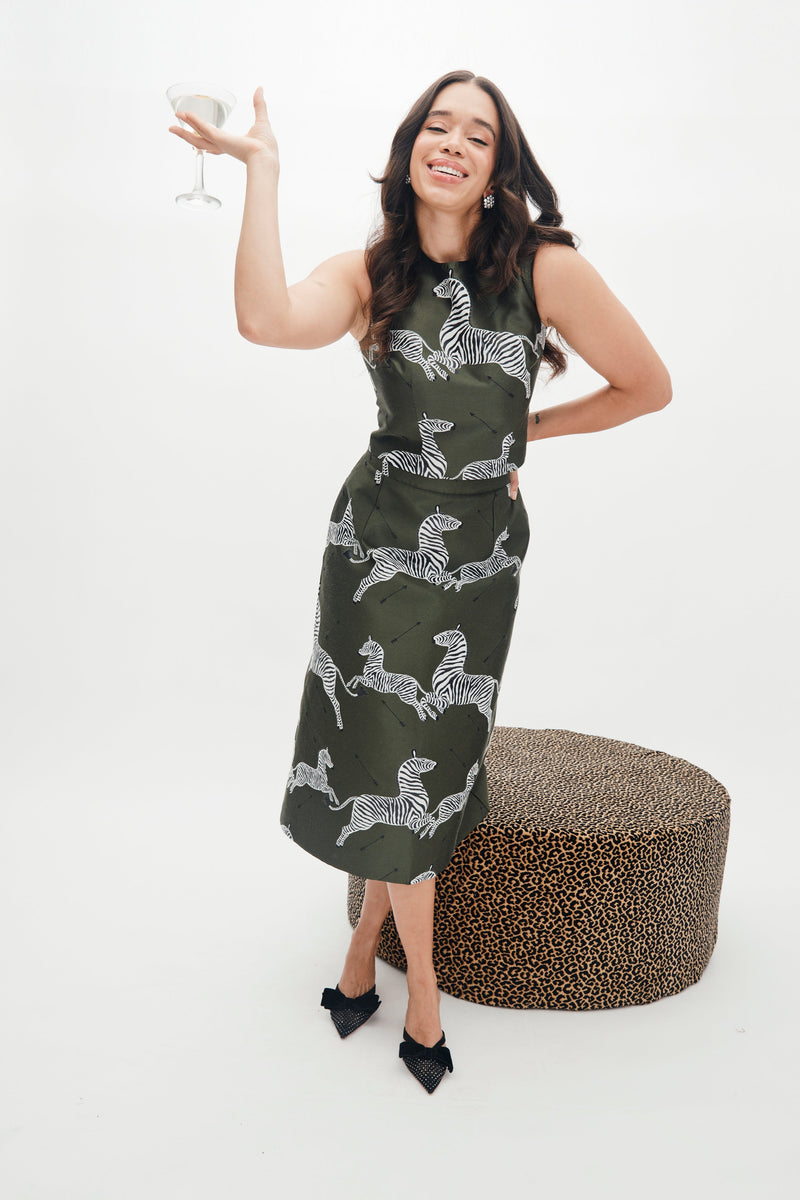 Ali Top in Olive Jumping Zebra Jacquard