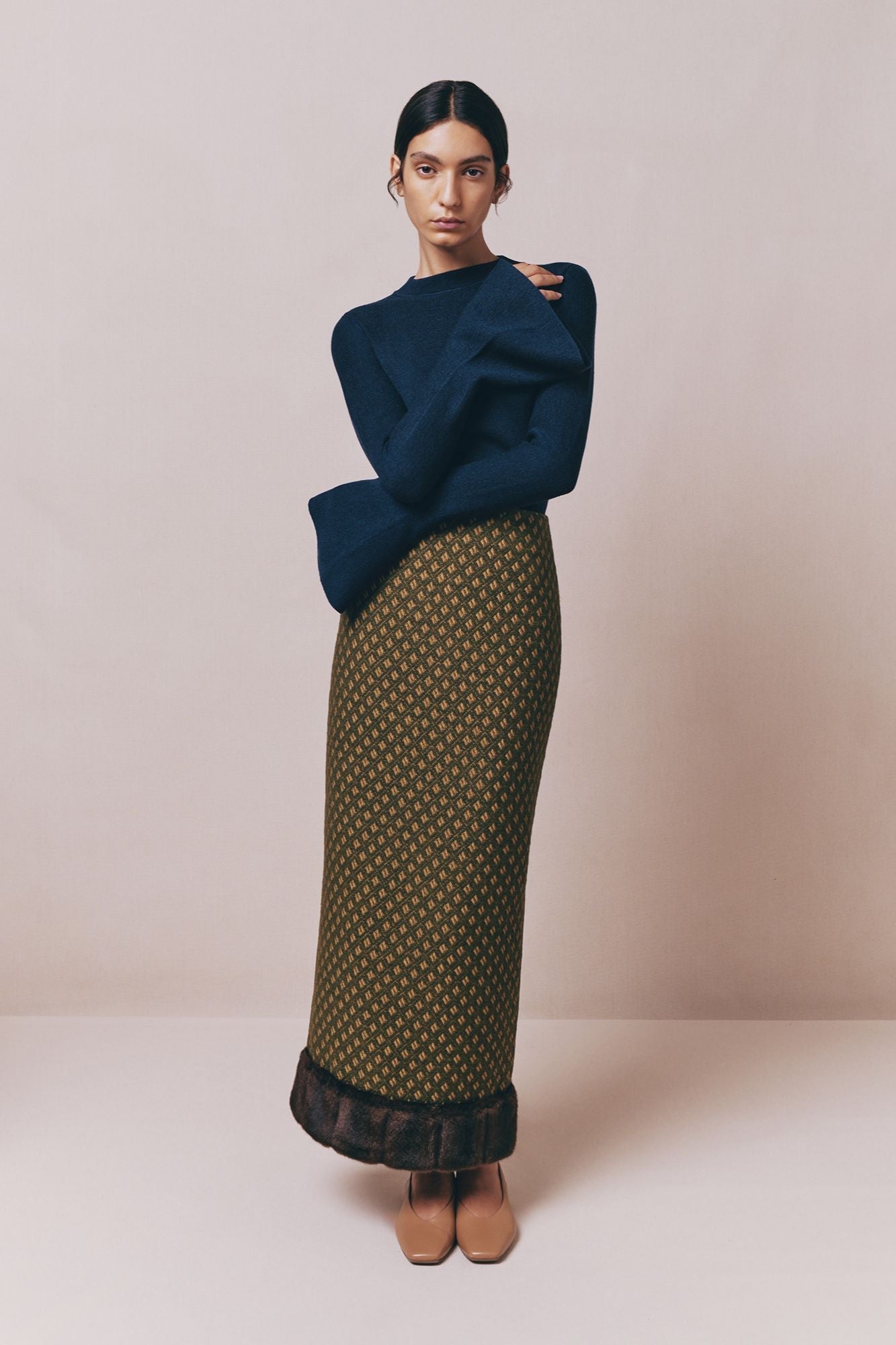 Green Jacquard Skirt With Faux Fur Trim