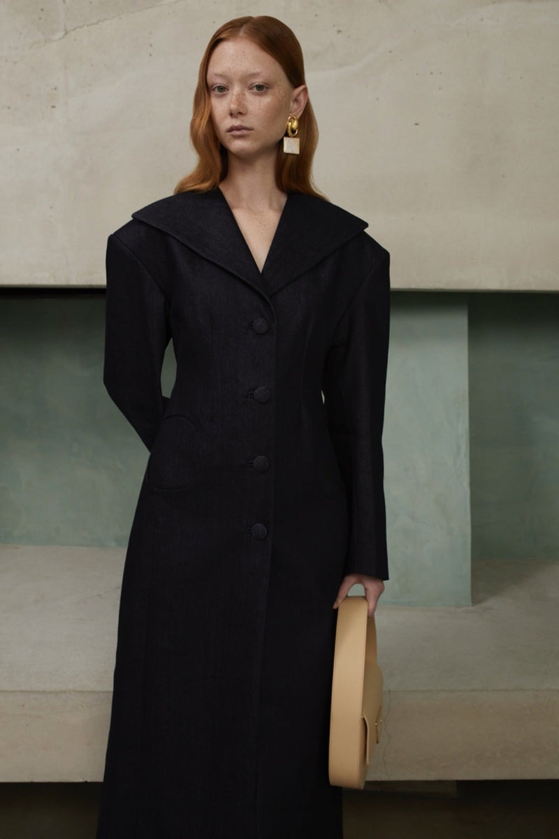 Tailor Black Long Coat With Shawl Collar and Button Details