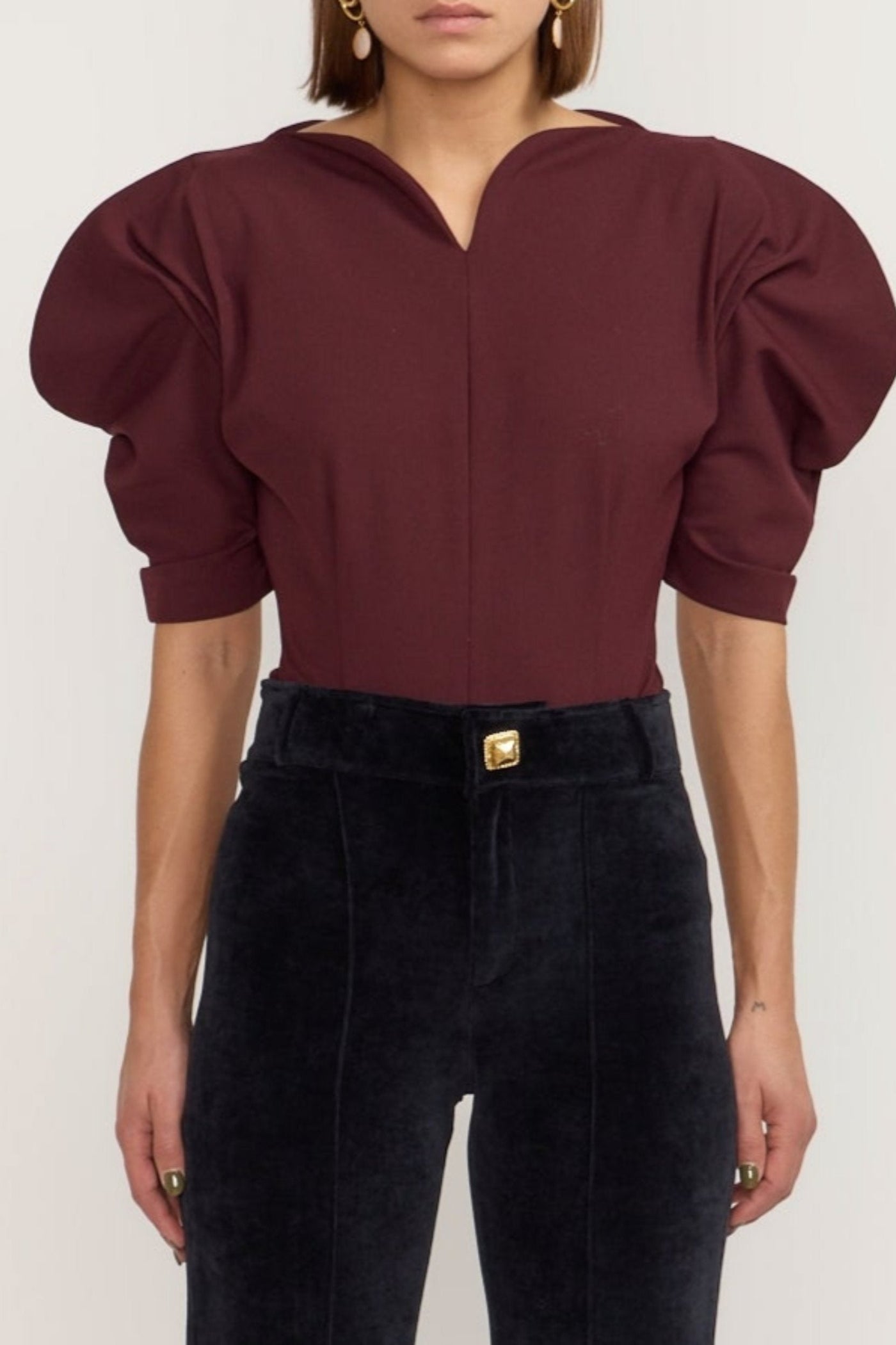 Tailor Burgundy Top With Puff Sleeves