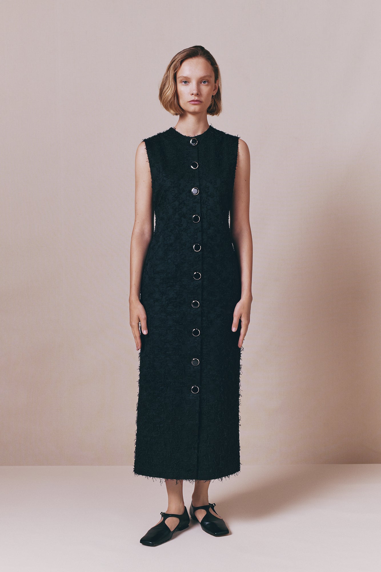 Sleeveless Black Cotton Dress With Textured Finish and Button Details