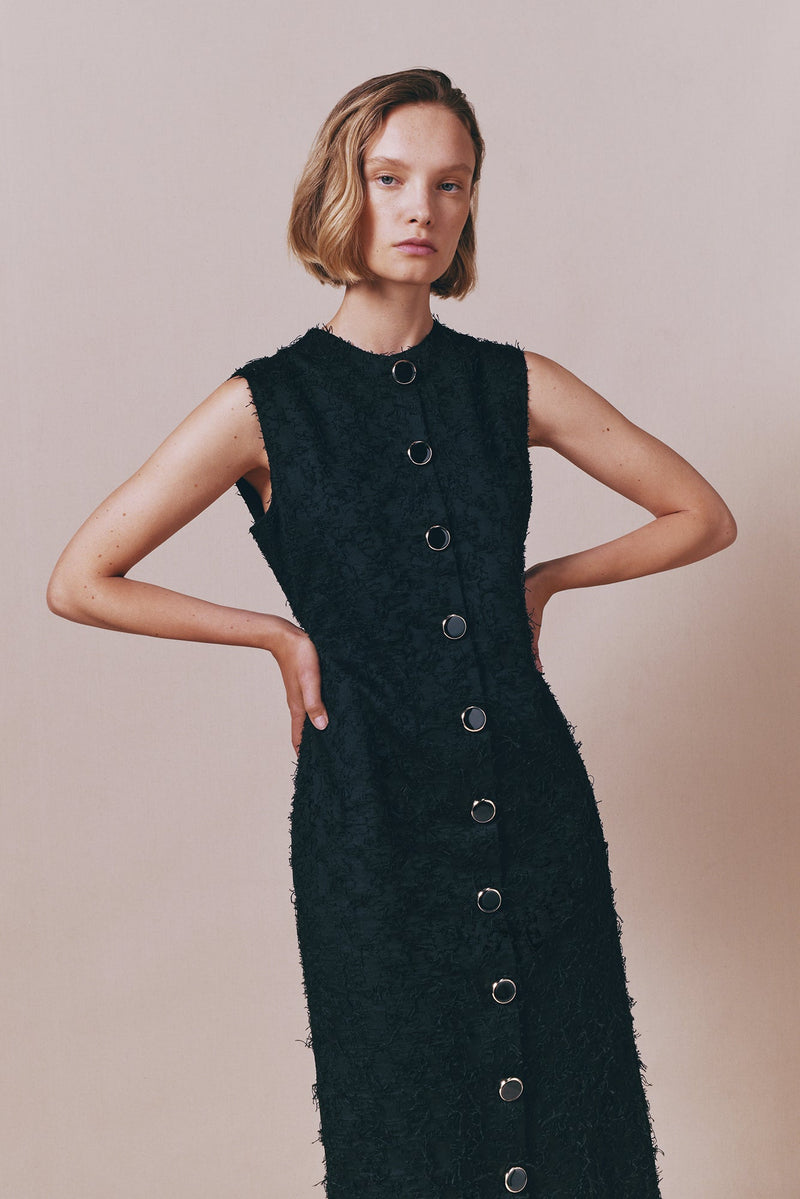 Sleeveless Black Cotton Dress With Textured Finish and Button Details