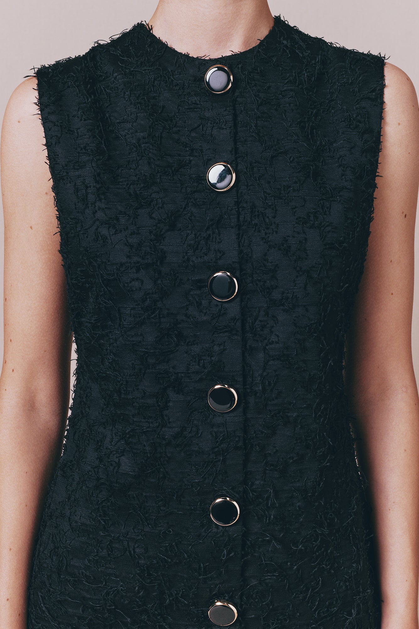 Sleeveless Black Cotton Dress With Textured Finish and Button Details