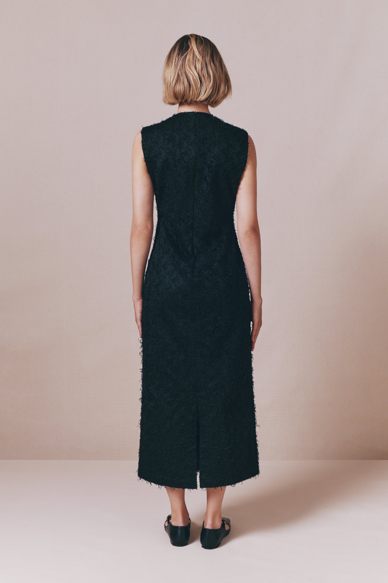 Sleeveless Black Cotton Dress With Textured Finish and Button Details