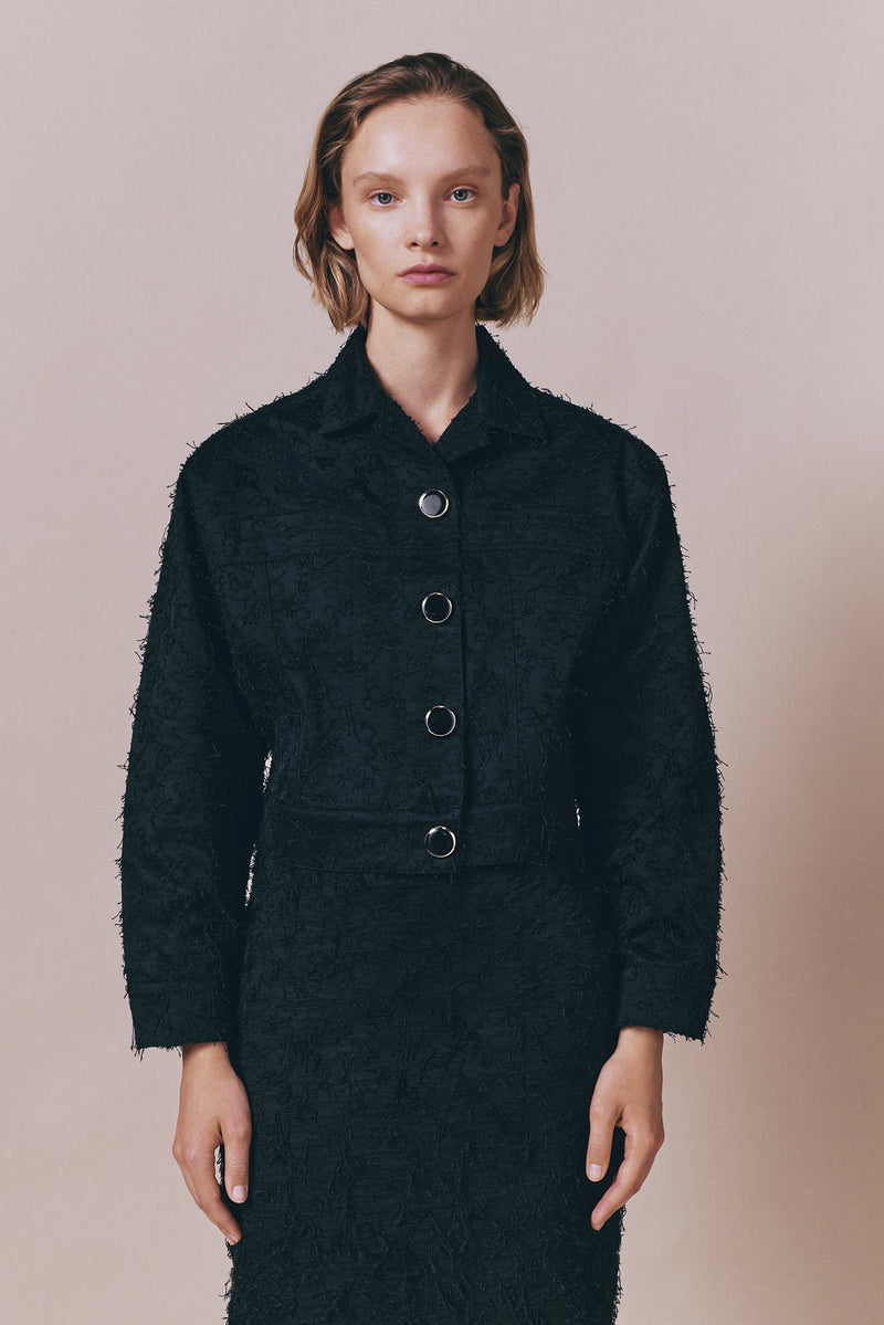 Black Cotton Jacket With Textured Finish and Round Buttons