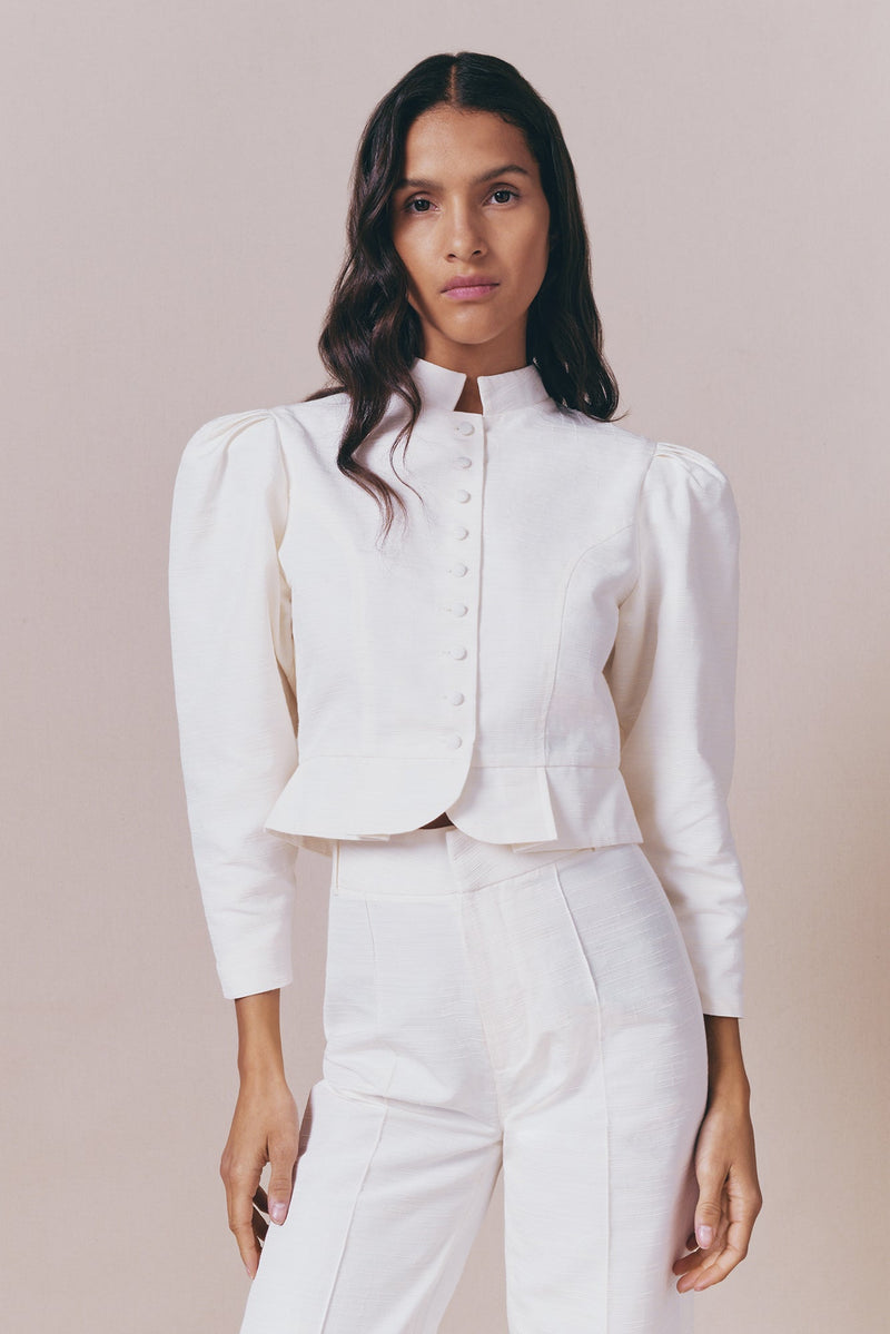 Ecru Textured Puff Sleeve Jacket