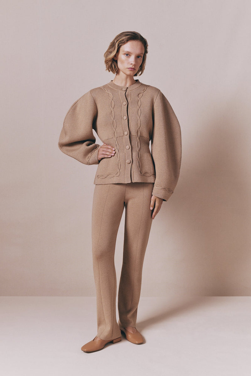 Structured Camel Embroided Knit Jacket