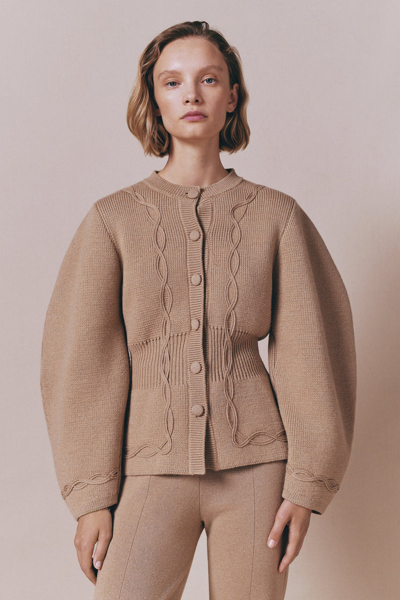 Structured Camel Embroided Knit Jacket