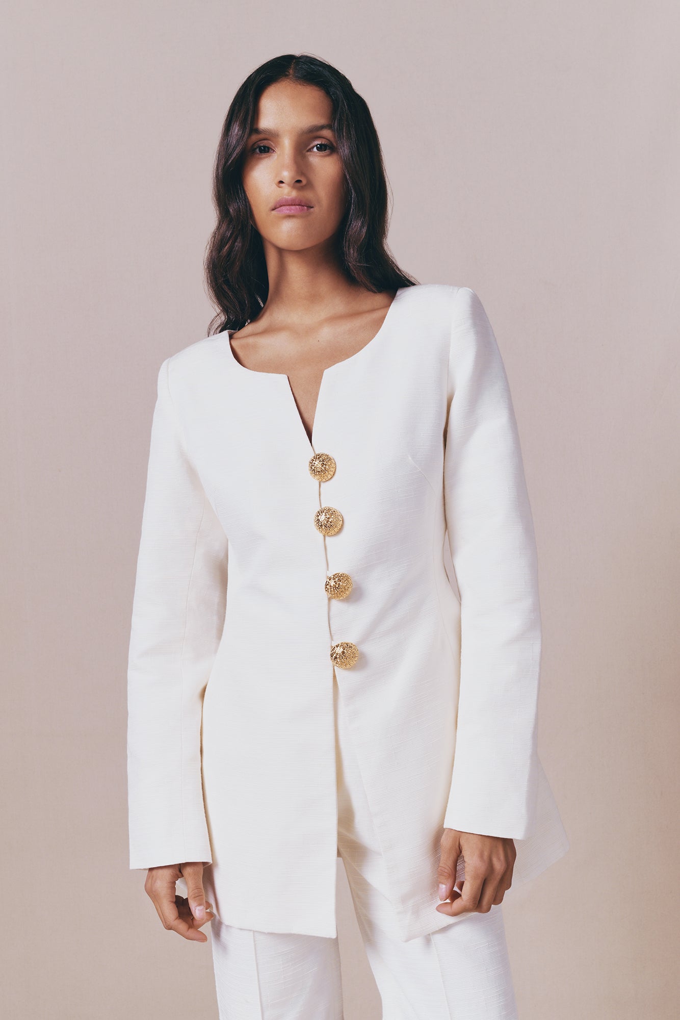 Ecru Fitted Blouse With Button Details