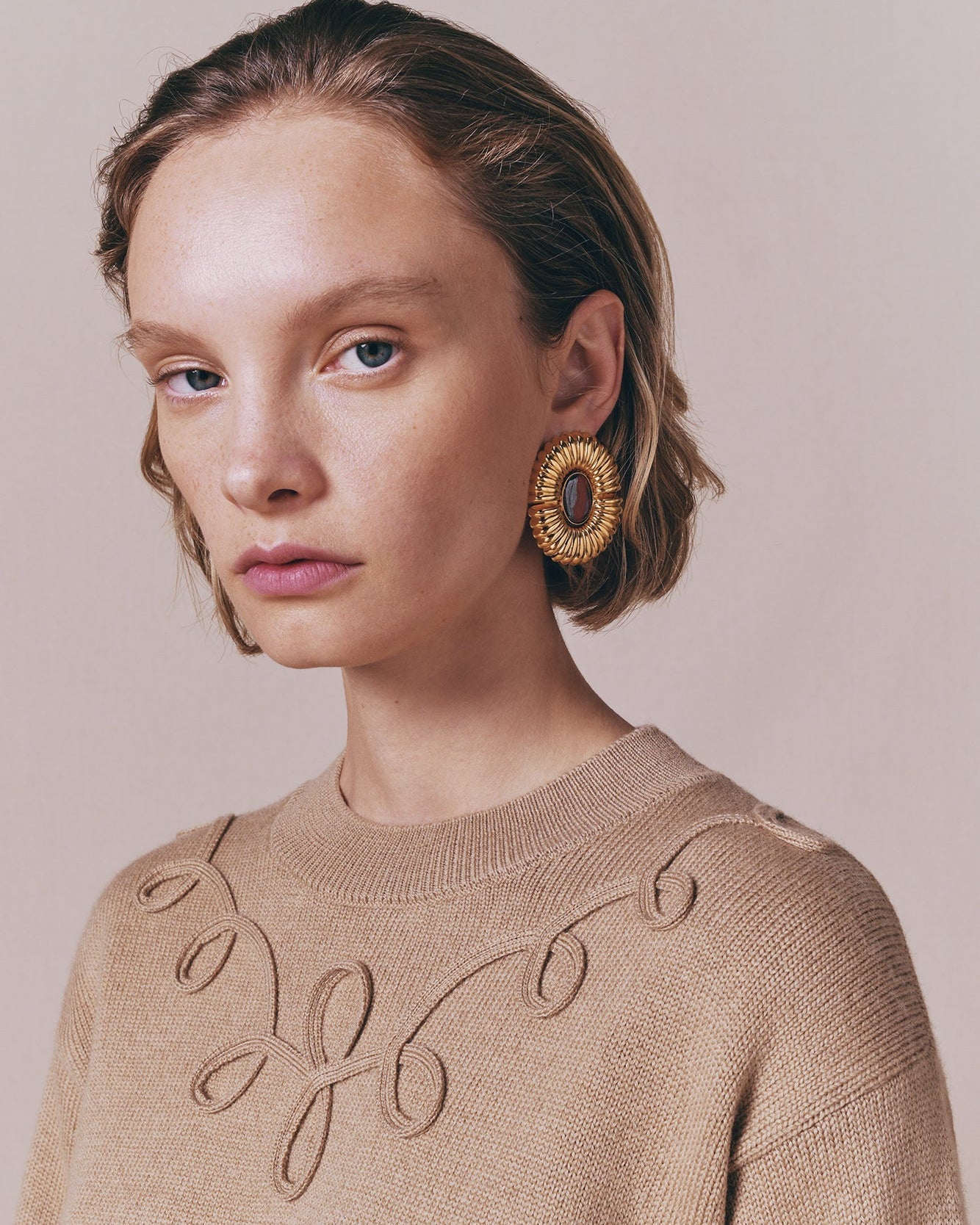 Camel Merino Wool Sweater With Embroidered Details