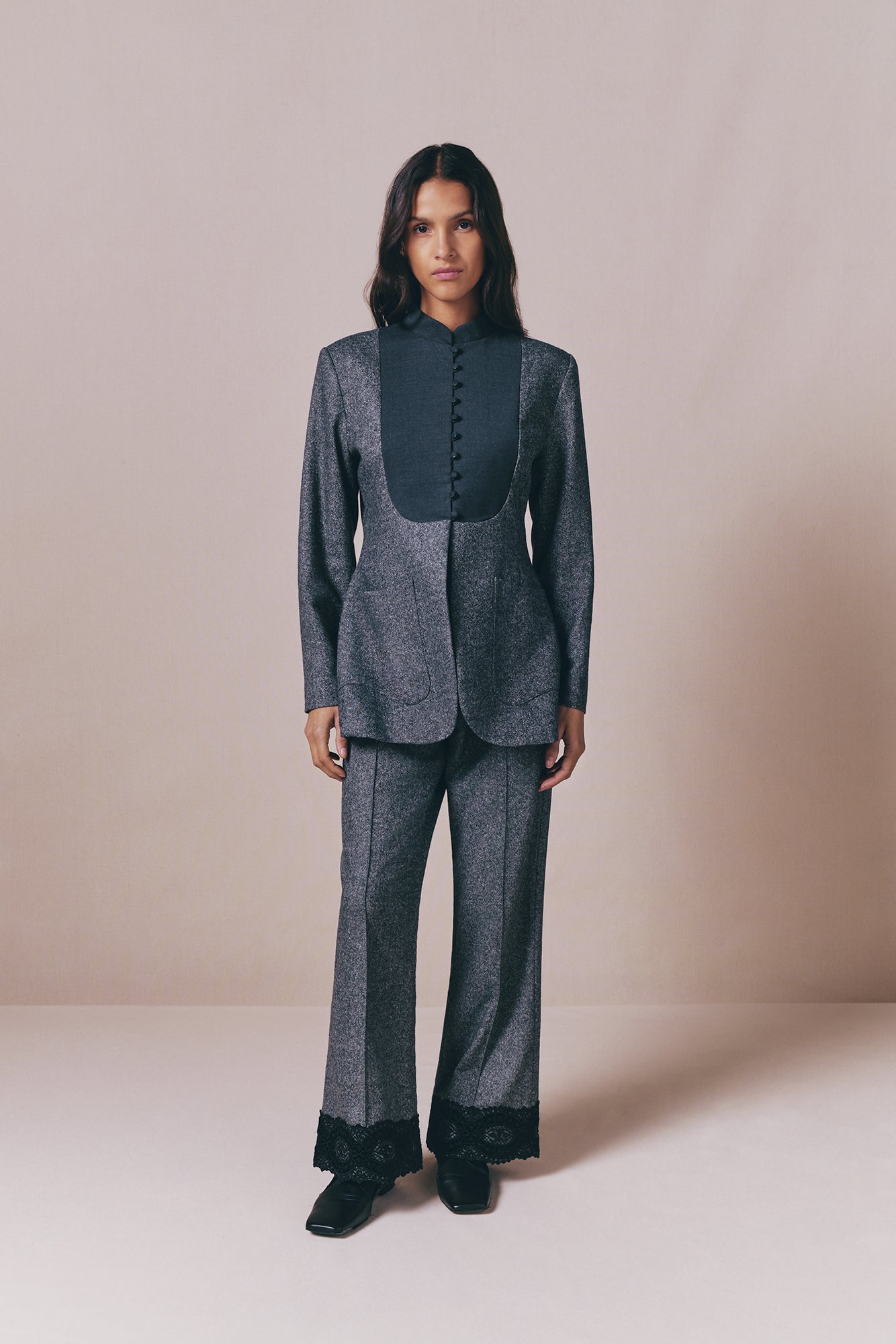 Grey Wool-Blend Jacket With Contrast Panel and Button Details