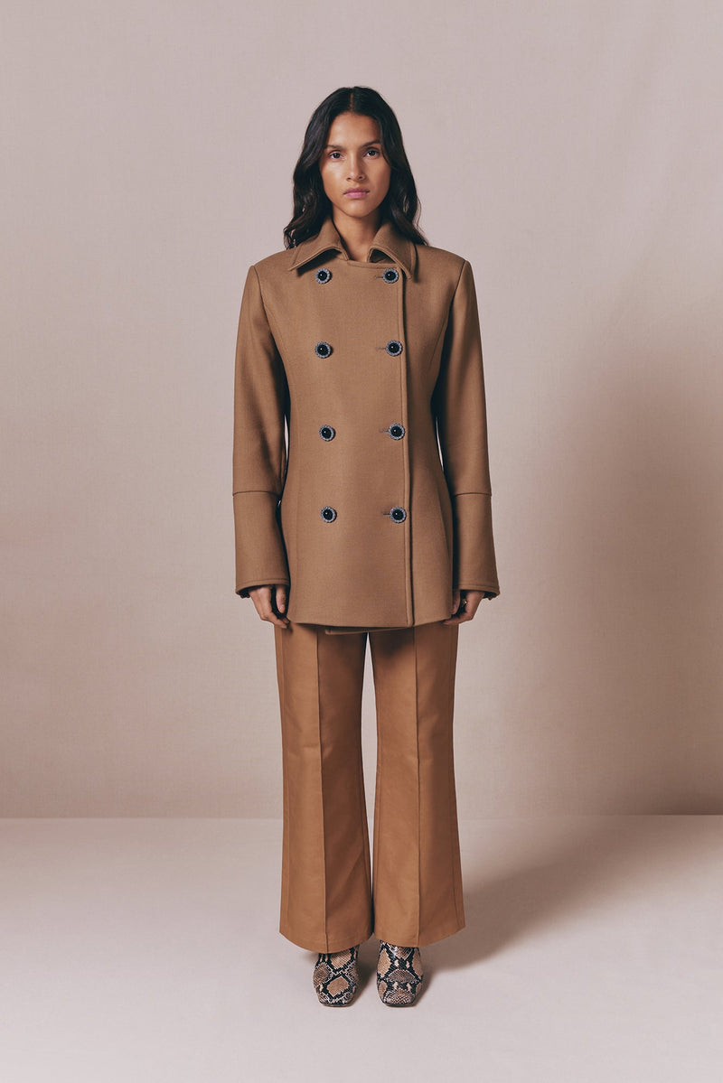 Camel Double-Breasted Twill Coat