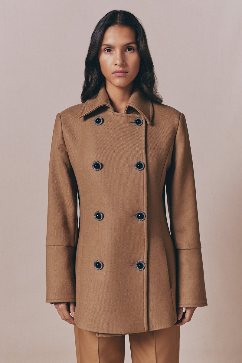 Camel Double-Breasted Twill Coat
