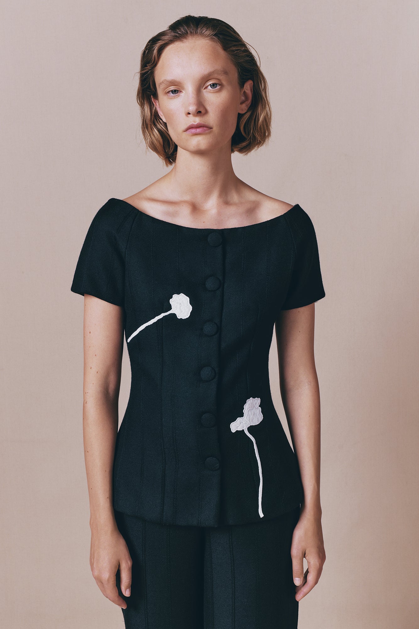 Black Virgin Wool Top With Floral Embroidery