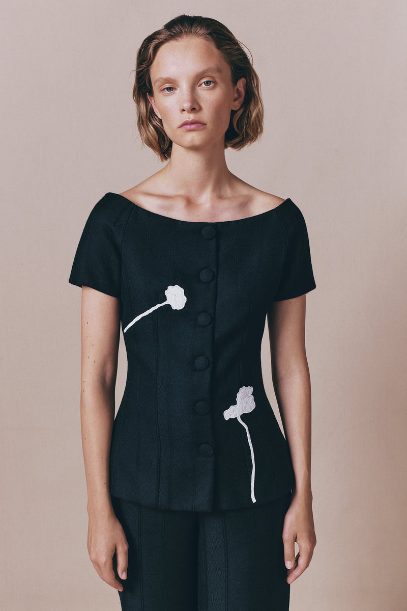 Black Virgin Wool Top With Floral Embroidery