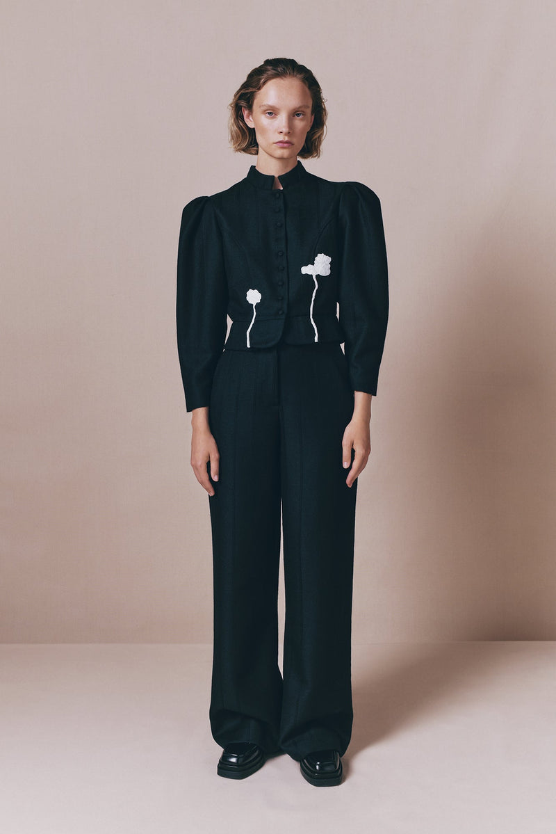 Black Virgin Wool Jacket With Puff Sleeves and Floral Embroidery