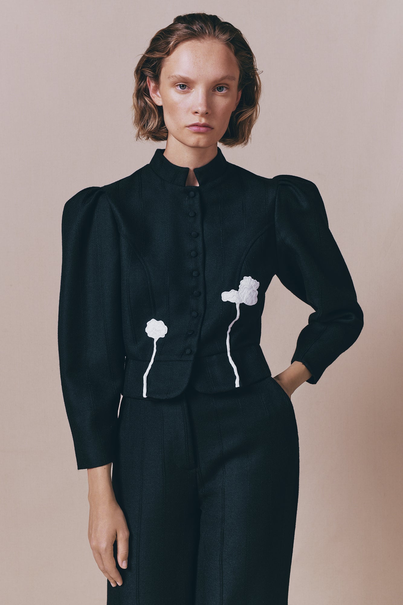 Black Virgin Wool Jacket With Puff Sleeves and Floral Embroidery