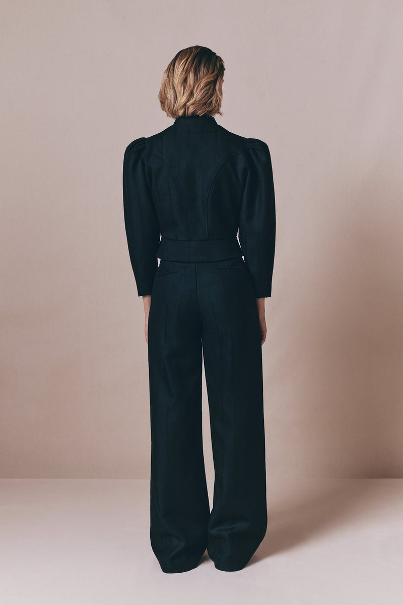 Black Virgin Wool Jacket With Puff Sleeves and Floral Embroidery