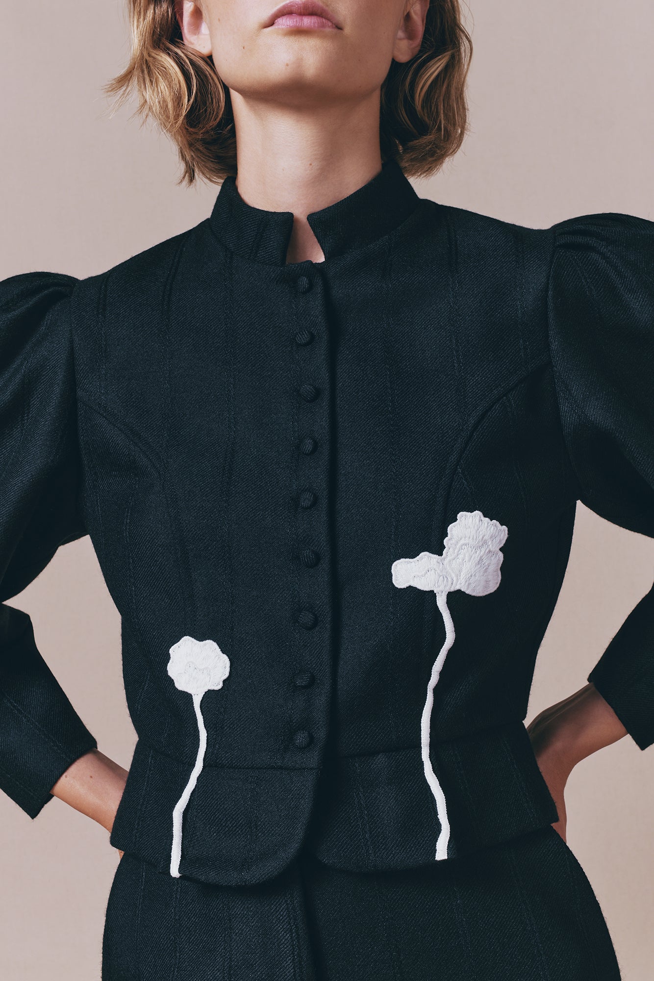 Black Virgin Wool Jacket With Puff Sleeves and Floral Embroidery
