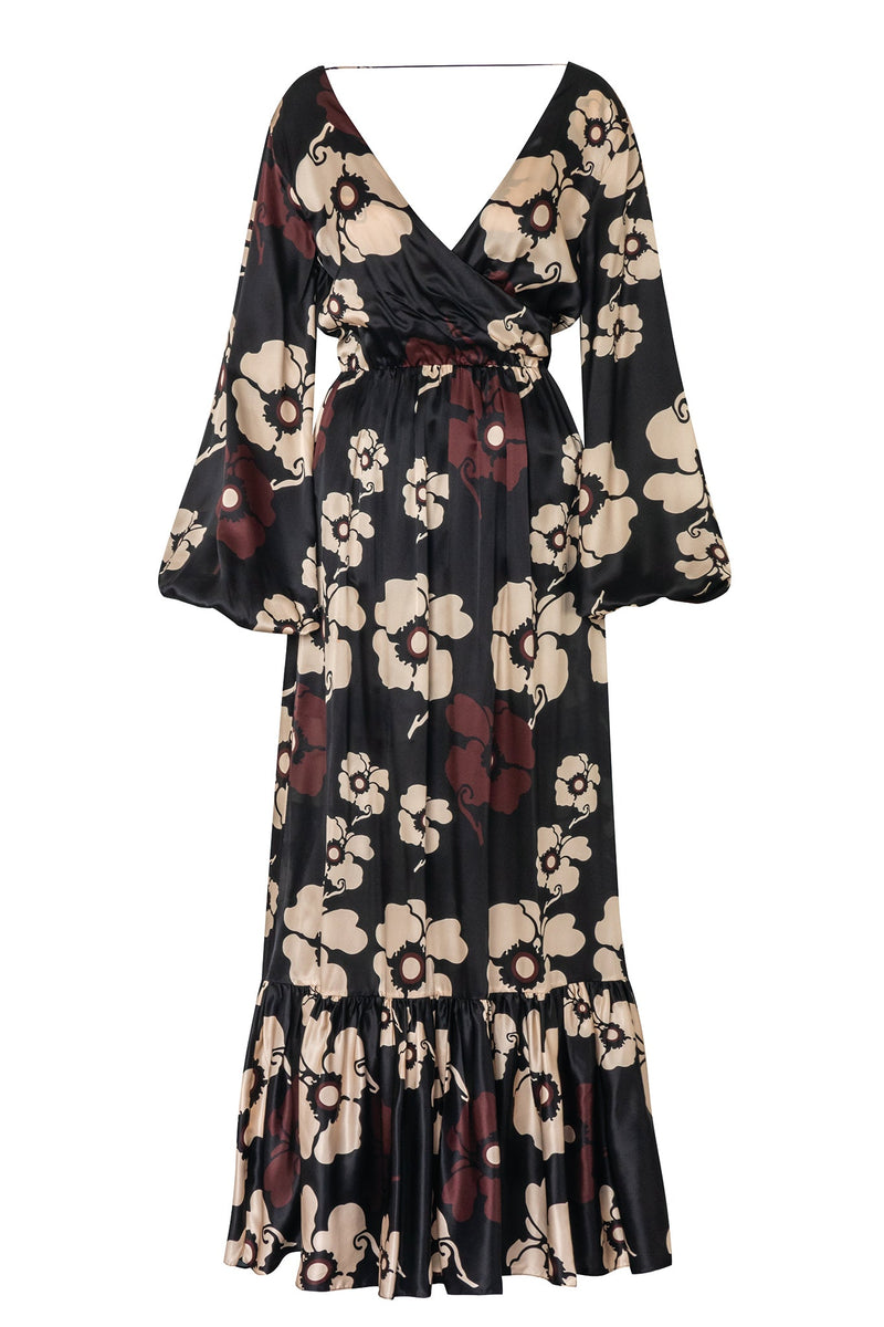 Feminine Mistique Silk Maxi Dress / Black Maxi Ivory Flowers