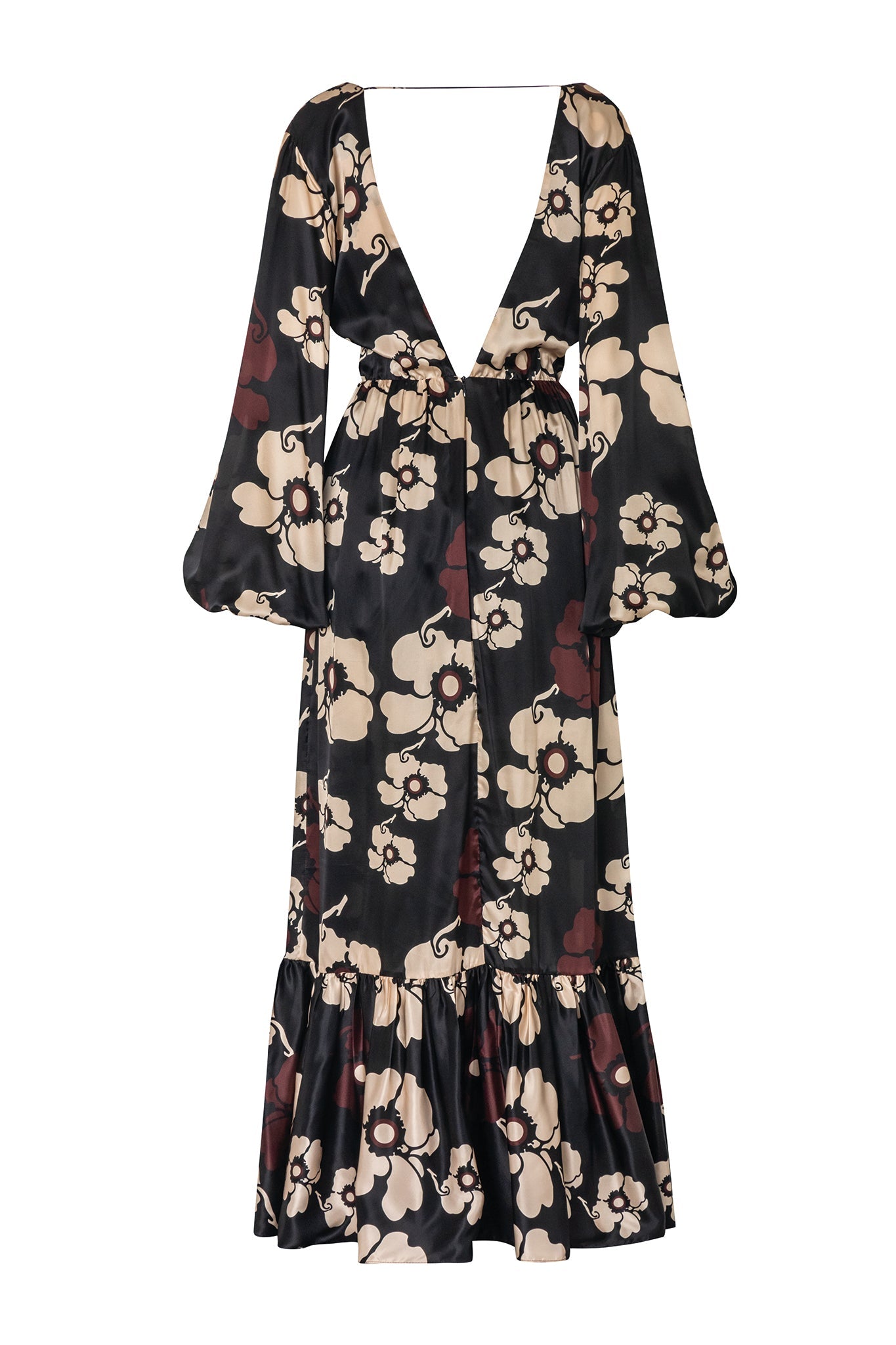 Feminine Mistique Silk Maxi Dress / Black Maxi Ivory Flowers