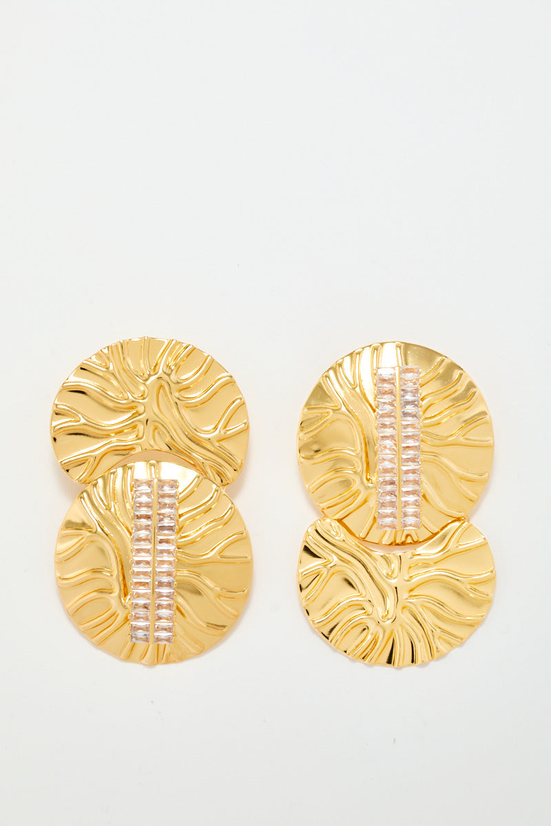 Gold Earrings With Double Ribbed Medallions