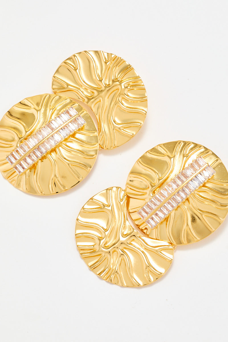 Gold Earrings With Double Ribbed Medallions