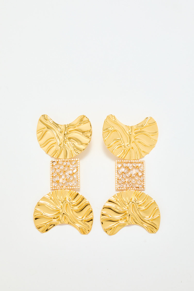 Gold Sculptural Statement Earrings With Crystal Detail