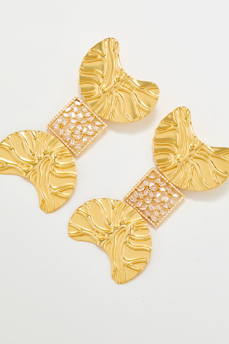 Gold Sculptural Statement Earrings With Crystal Detail