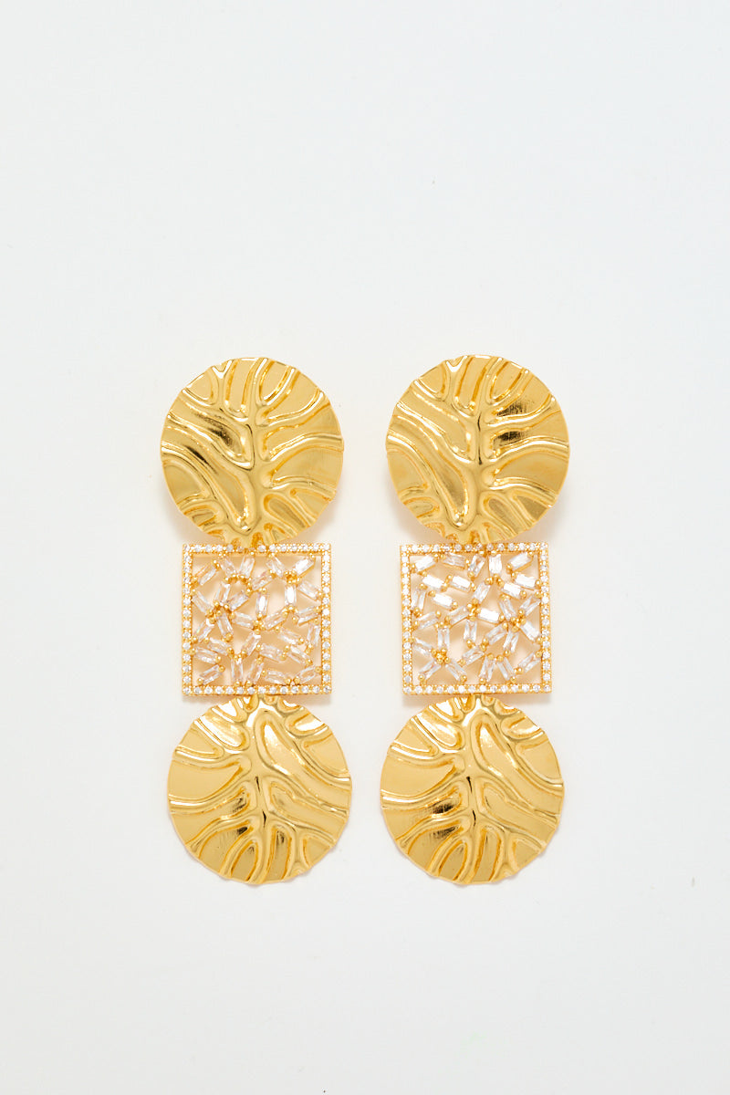 Gold Sculptural Drop Earrings With Ribbed Medallions