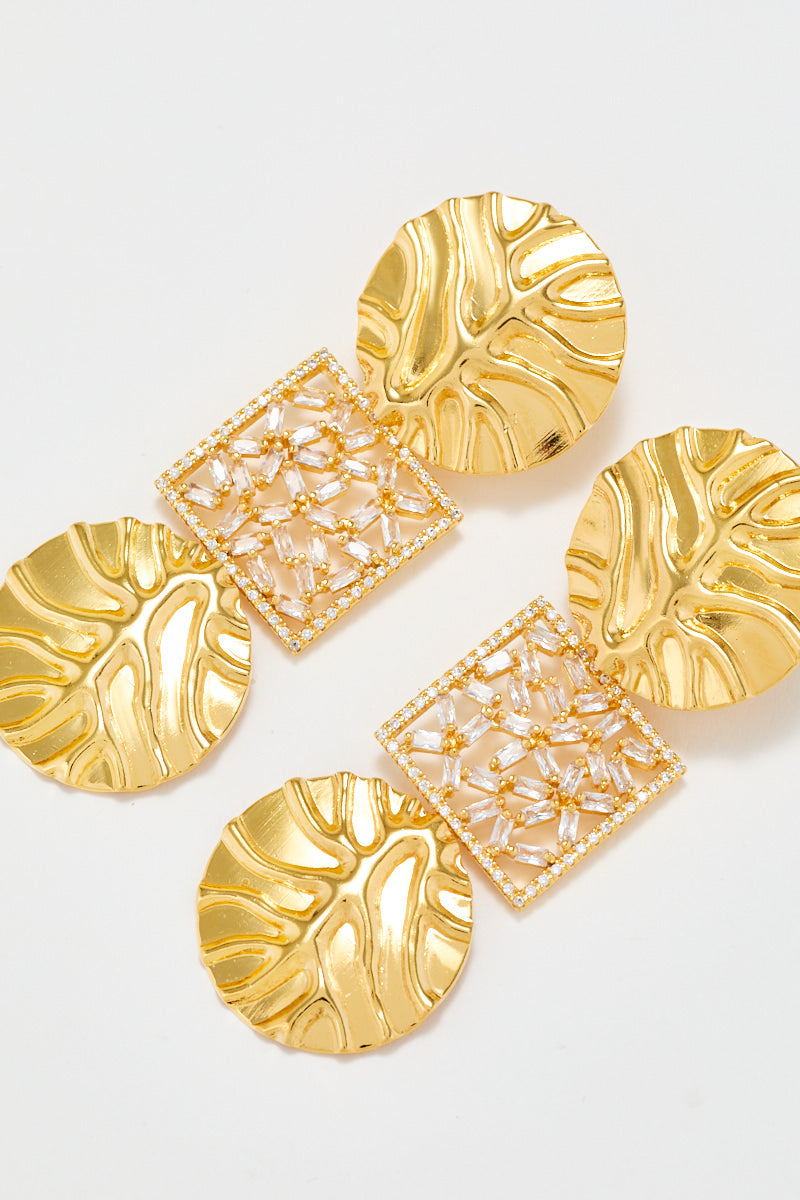 Gold Sculptural Drop Earrings With Ribbed Medallions