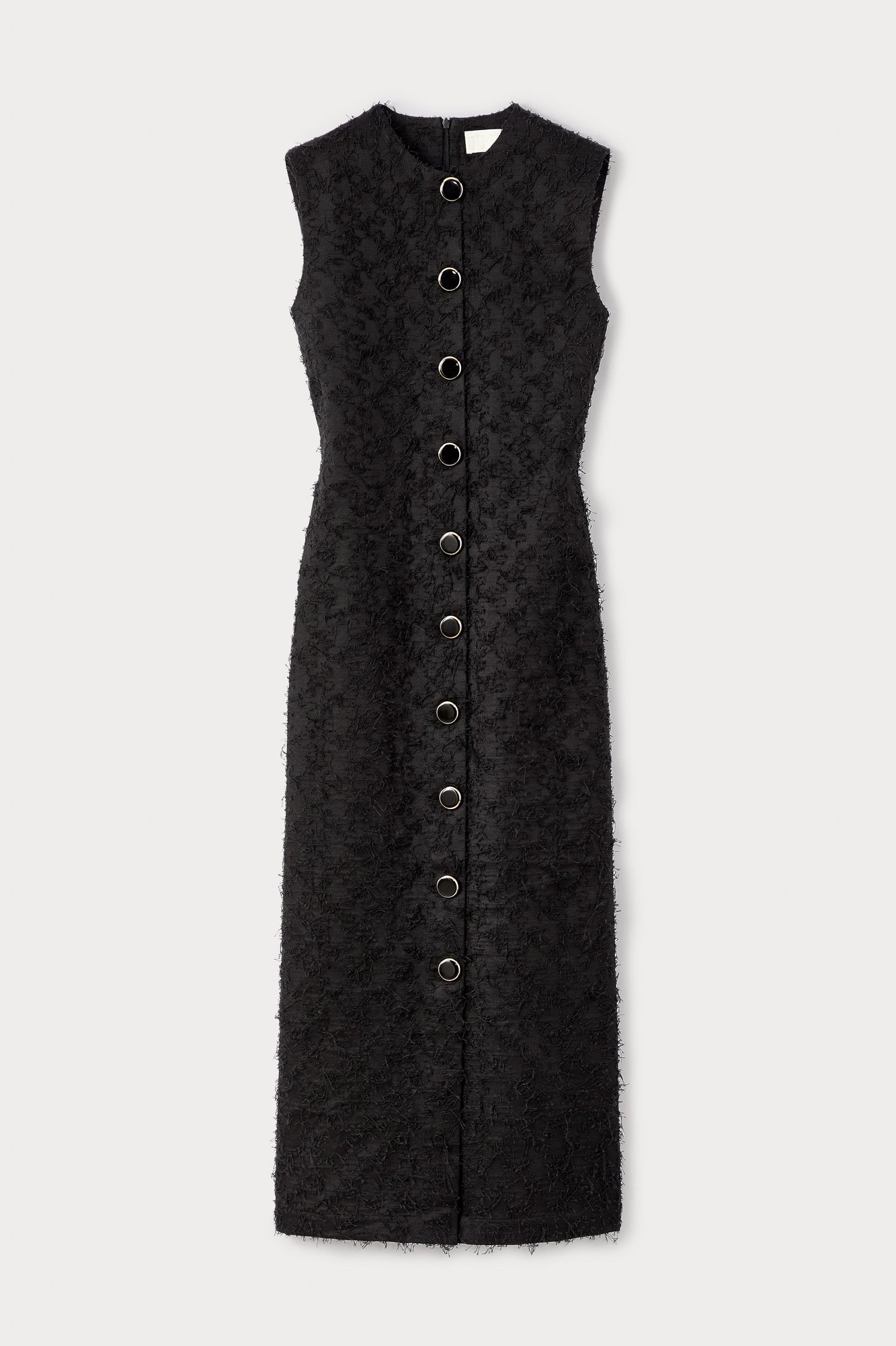 Sleeveless Black Cotton Dress With Textured Finish and Button Details