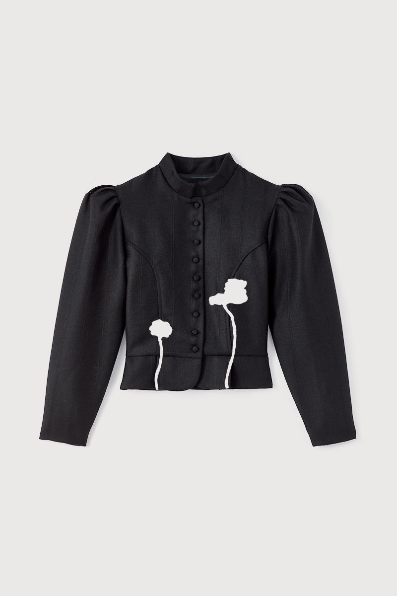 Black Virgin Wool Jacket With Puff Sleeves and Floral Embroidery