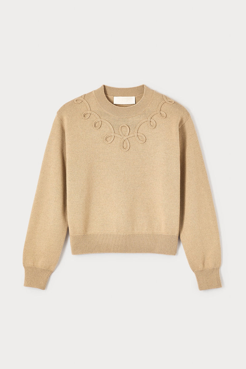 Camel Merino Wool Sweater With Embroidered Details