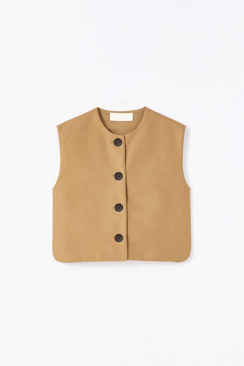Camel Cotton Vest With Front Button Closure