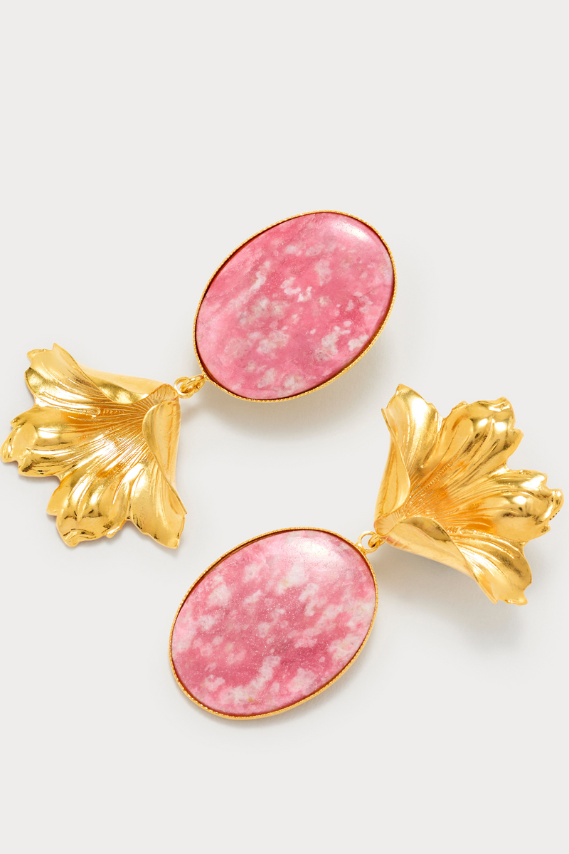 Gold Flower Stud Earrings With Oval Drop