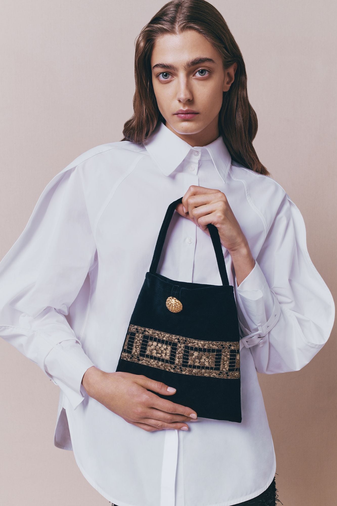 Black Velvet Bag With Embroidered Detailing