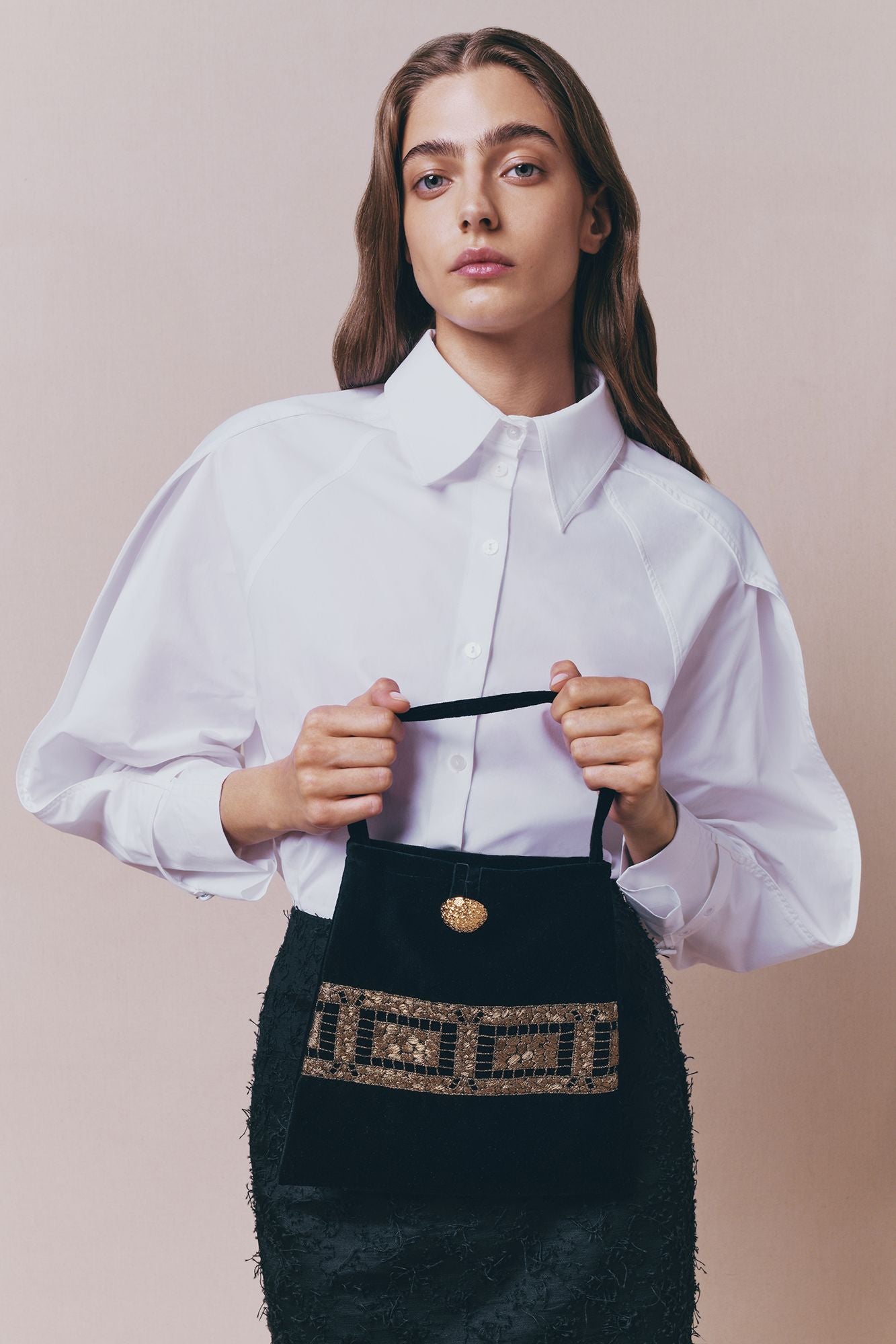 Black Velvet Bag With Embroidered Detailing