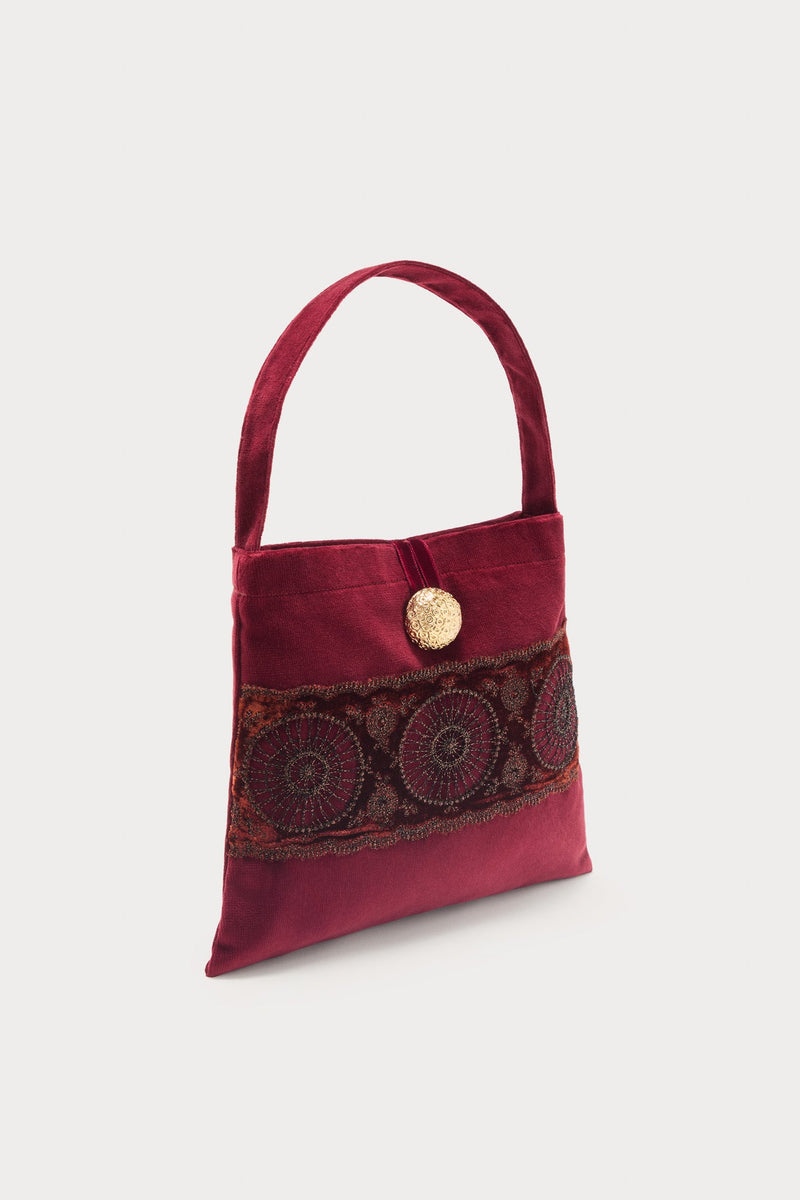 Burgundy Velvet Bag With Embroidered Detailing