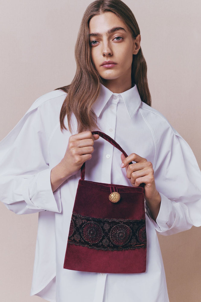 Burgundy Velvet Bag With Embroidered Detailing