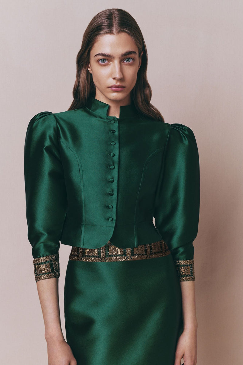 Forest Satin Puff Sleeves Jacket With Embroidered Details