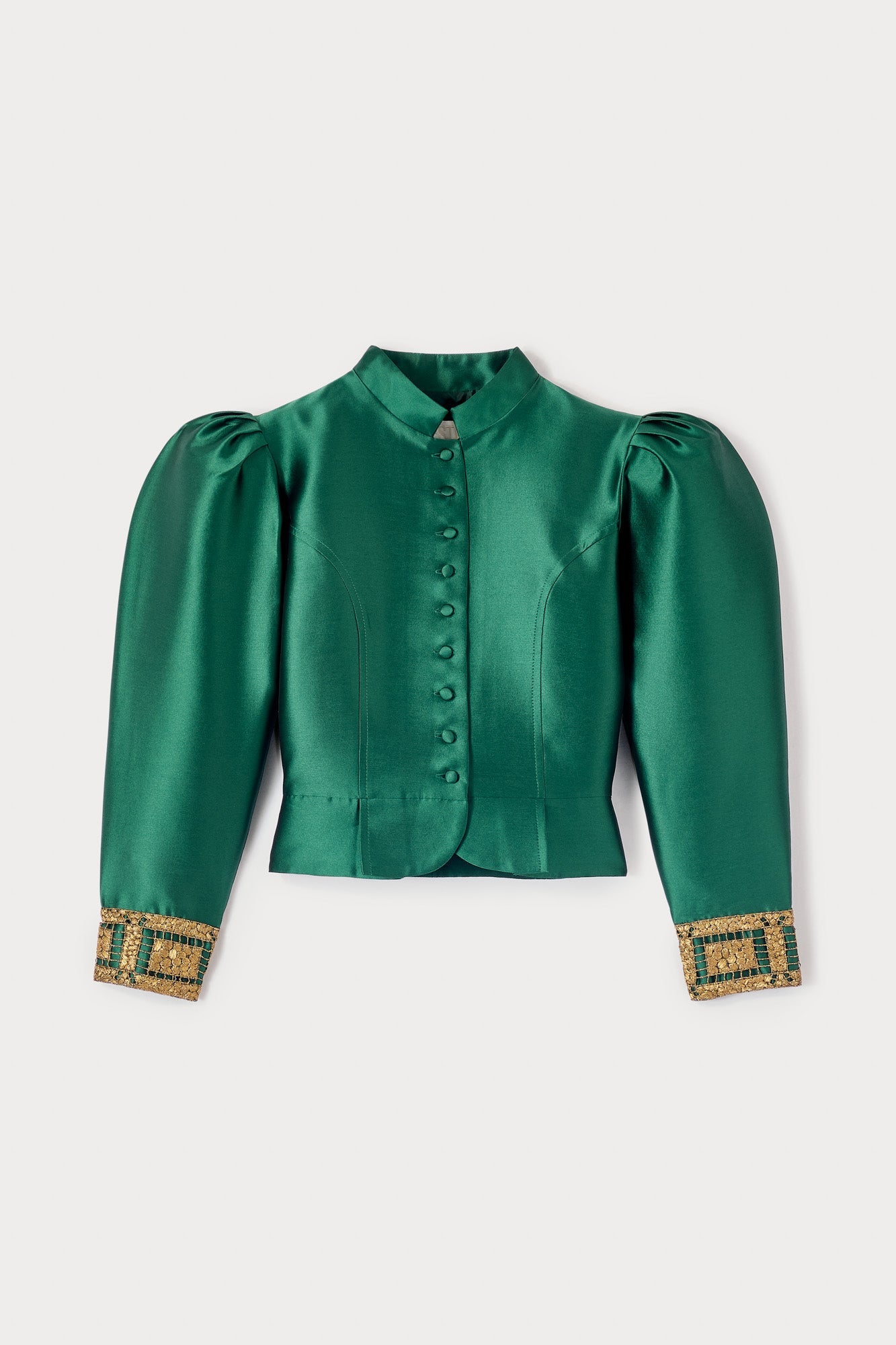 Forest Satin Puff Sleeves Jacket With Embroidered Details
