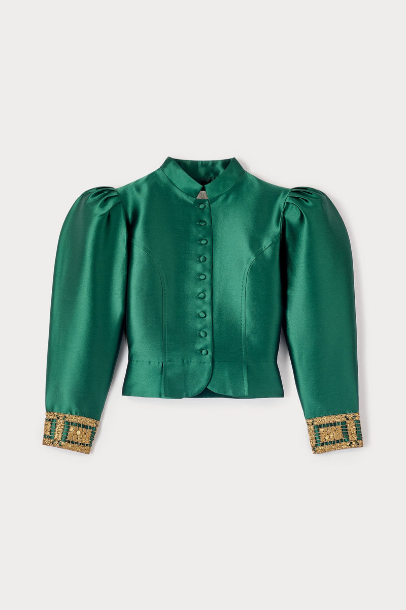 Forest Satin Puff Sleeves Jacket With Embroidered Details