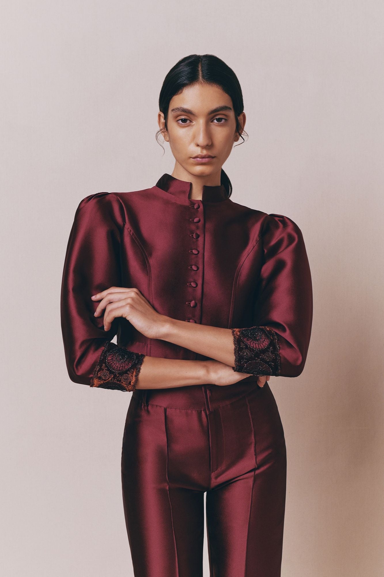 Burgundy Satin Puff Sleeves Jacket With Embroidered Details