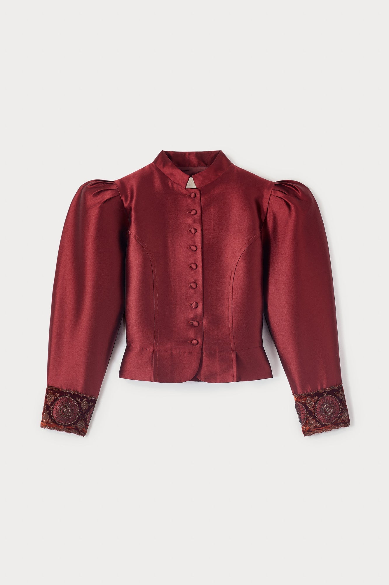 Burgundy Satin Puff Sleeves Jacket With Embroidered Details