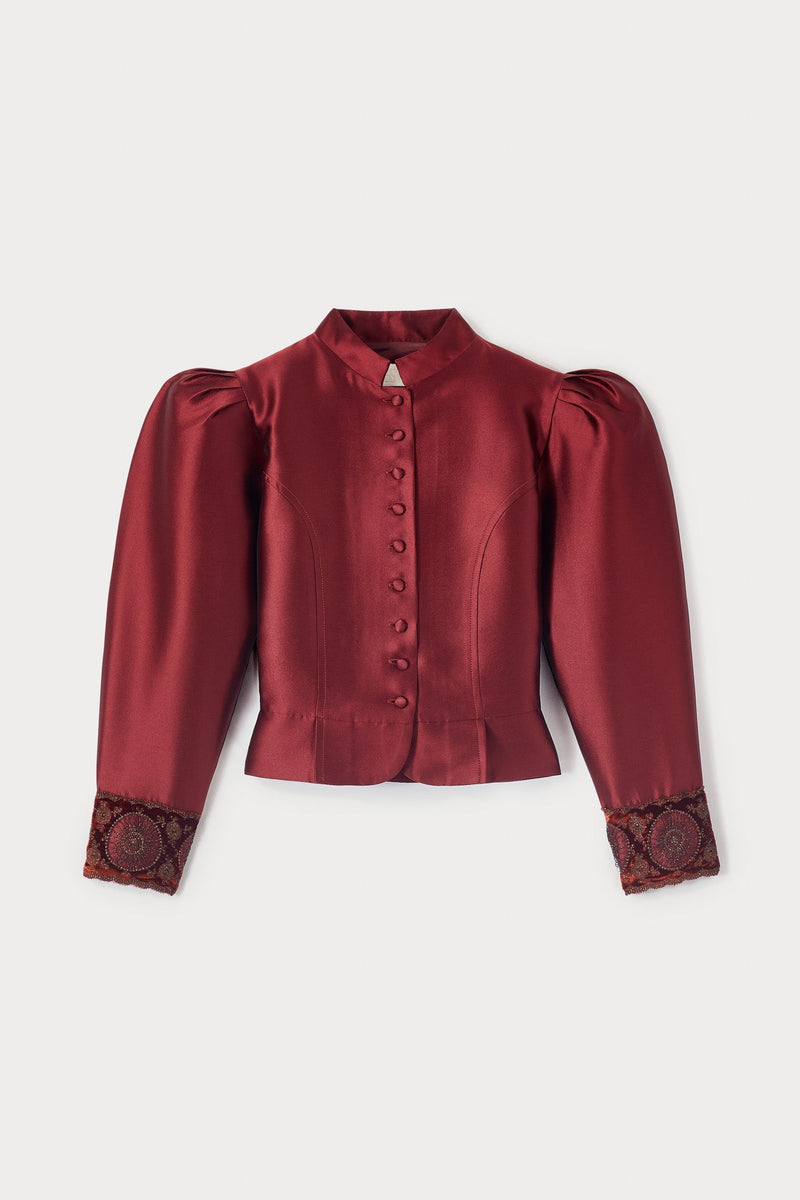 Burgundy Satin Puff Sleeves Jacket With Embroidered Details
