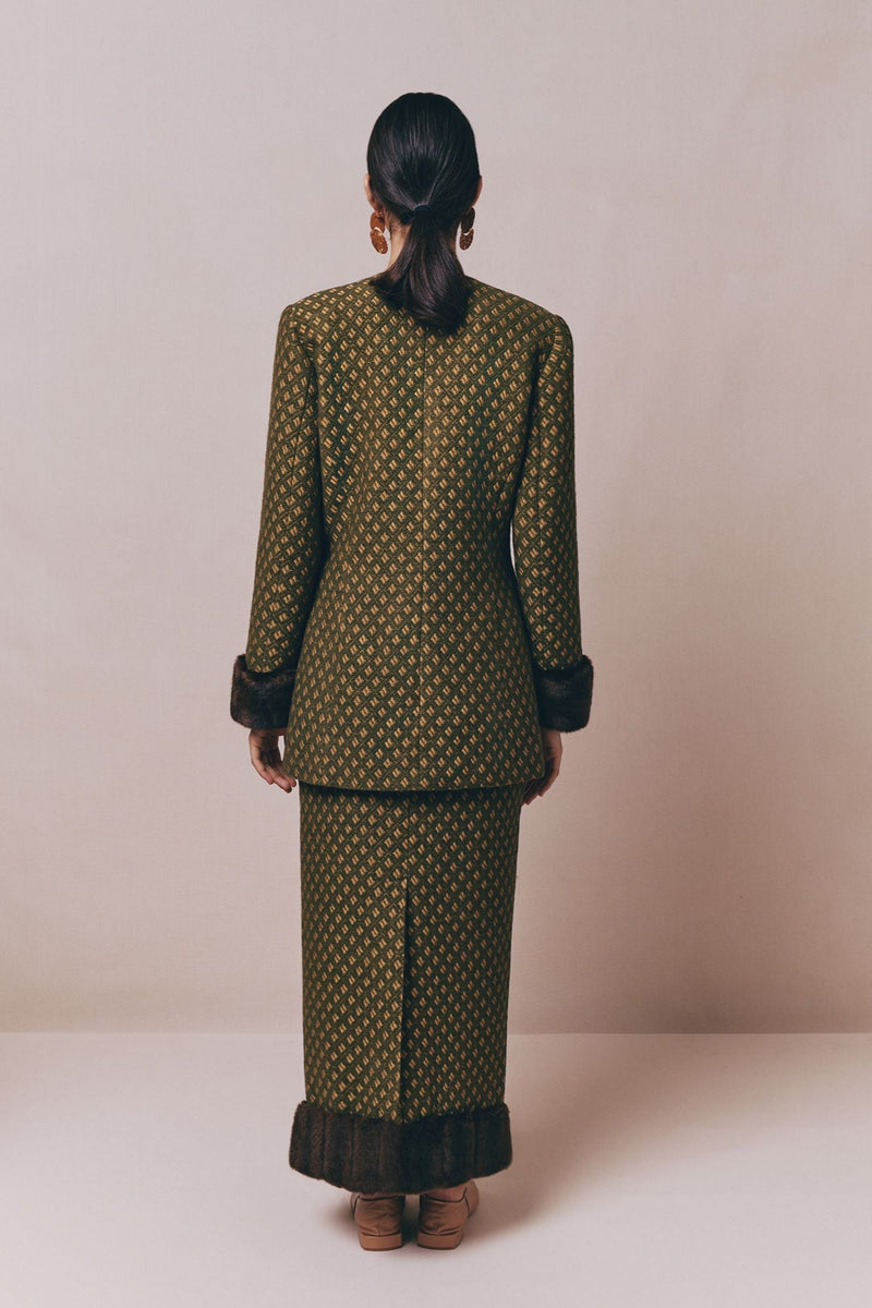 Green Jacquard Skirt With Faux Fur Trim